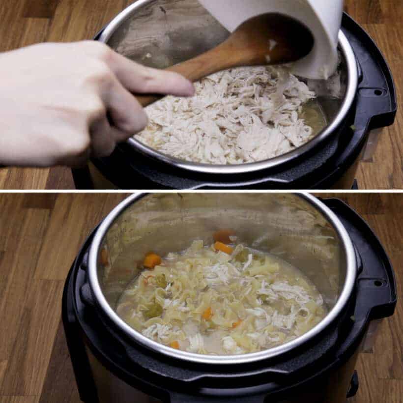 add shredded chicken in Instant Pot to make chicken noodle soup    #AmyJacky #InstantPot #PressureCooker #chicken #soup #recipe 