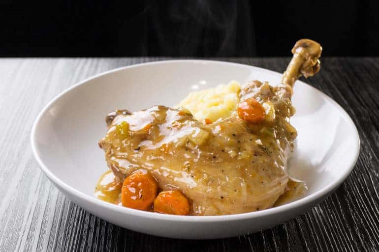 Make Easy Pressure Cooker Turkey One Pot Meal in an hour! Tender turkey, buttery mashed potatoes & rich turkey gravy made in one pot! Great recipe for Thanksgiving & Christmas holidays.