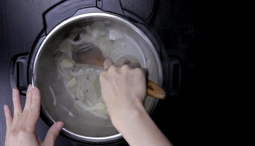 saute onions, crushed garlic, spices