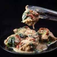 Creamy Instant Pot Tuscan Chicken Recipe (Pressure Cooker Tuscan Garlic Chicken): Make Italian-inspiredย tender chicken in simple yet richly balanced creamy garlic sauce with caramelized mushrooms and sweet sun-dried tomatoes. Crazy satisfying easy weeknight meal! #instantpot #instapot #pressurecooker #powerpressurecooker #instantpotrecipes #recipes #italianrecipes #chicken