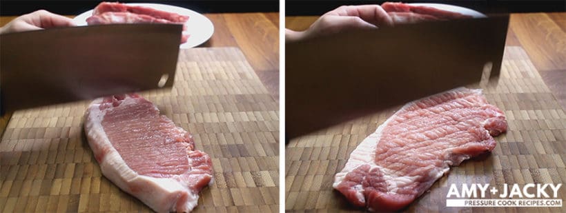 tenderize pork chops with heavy knife or meat mallet
