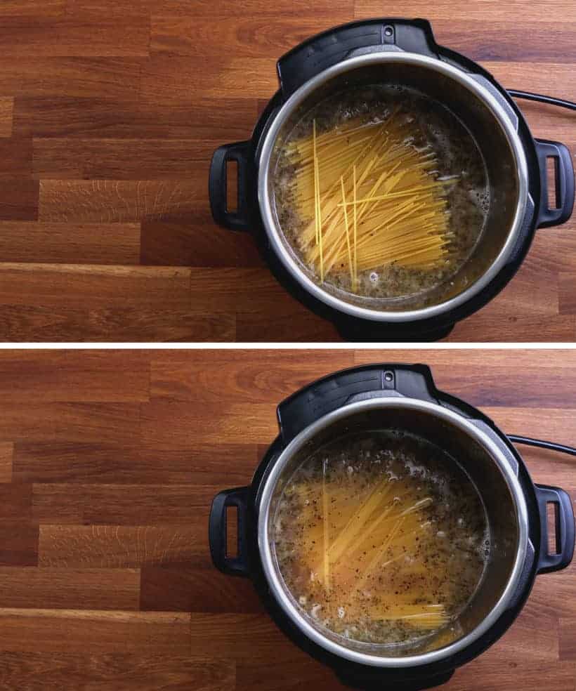 Instant Pot Spaghetti: add spaghetti in Instant Pot. Ensure all spaghetti are soaked into the liquid  #AmyJacky #InstantPot #PressureCooker #recipe #easy 