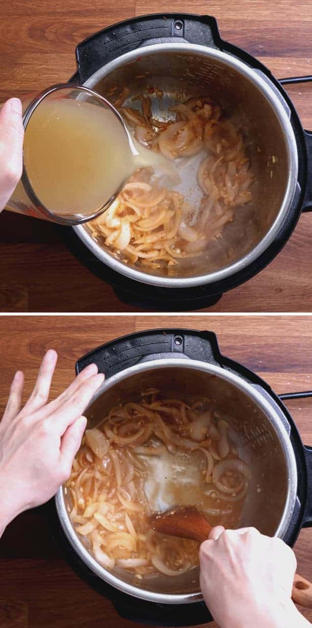 Chicken and Rice in Instant Pot: deglaze Instant Pot inner pot with wooden spoon  #AmyJacky #InstantPot #PressureCooker #chicken #recipes #healthy