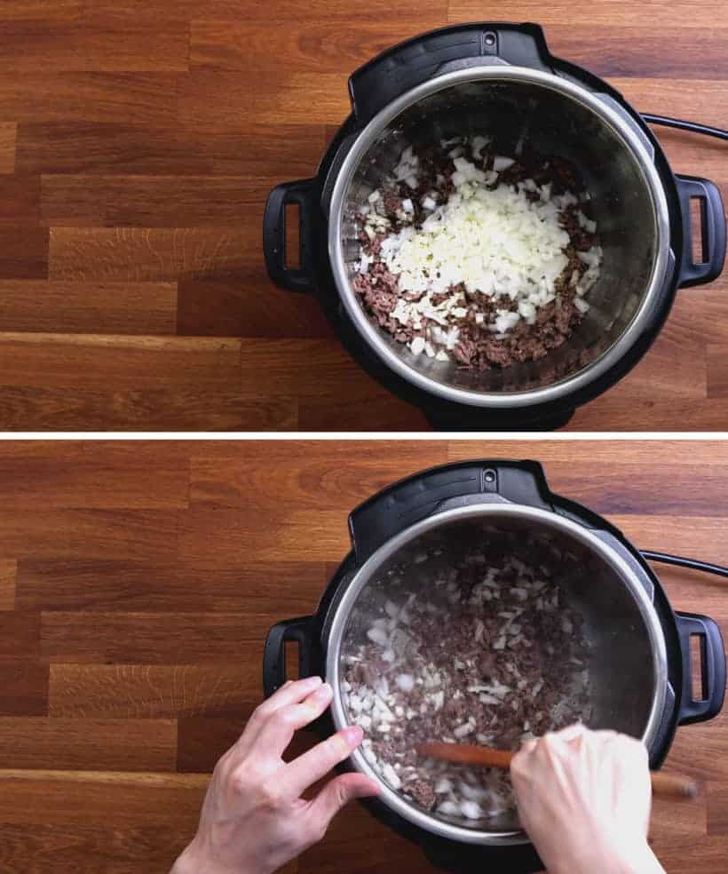 saute diced onions, minced garlic, basil, oregano