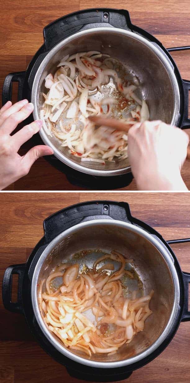 Instant Pot Chicken Rice: saute onions in Instant Pot Pressure Cooker  #AmyJacky #InstantPot #PressureCooker #recipe #chicken