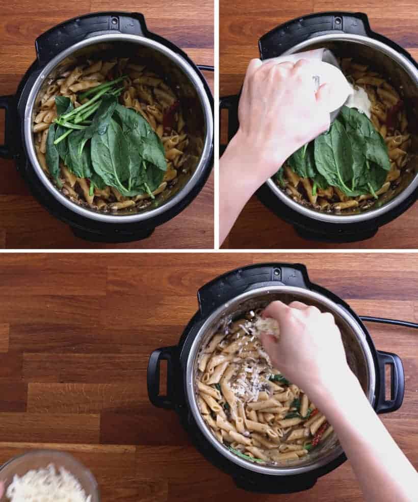 Instant Pot Tuscan Chicken Pasta | Pressure Cooker Tuscan Chicken Pasta: add spinach, sun-dried tomatoes, heavy cream, parmesan cheese in Instant Pot  #AmyJacky #InstantPot #PressureCooker #recipes #italian #chicken