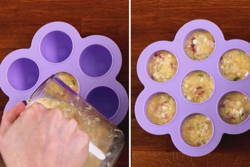 Instant Pot Egg Bites Silicone: pour egg bites mixture in silicone egg bites mold  #AmyJacky #InstantPot #PressureCooker #recipe #breakfast