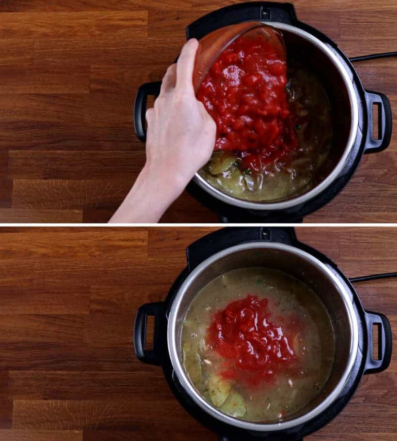 Layer crushed fire-roasted tomatoes on pinto beans