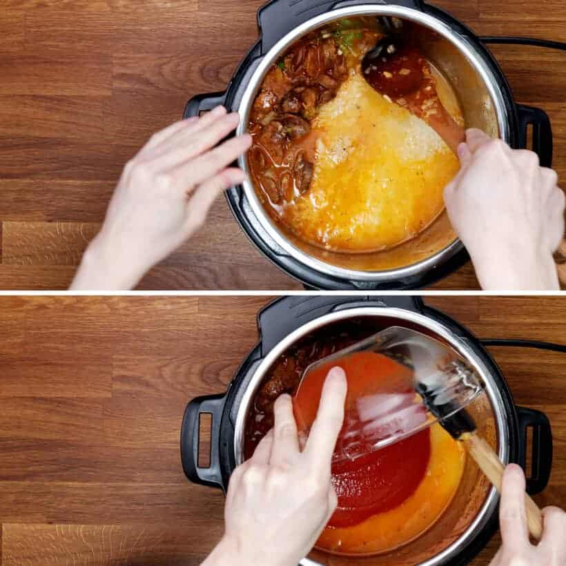 layer crushed tomatoes on top of jambalaya ingredients   #AmyJacky #InstantPot #PressureCooker #recipe 