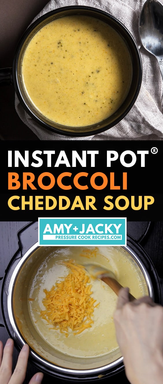 Instant Pot Broccoli Cheddar Soup is an easy Instant Pot soup recipe. Thick, creamy, rich Broccoli Cheese Soup is bursting with layers of umami flavors. Perfect with a toasted Golden Grilled Cheese!