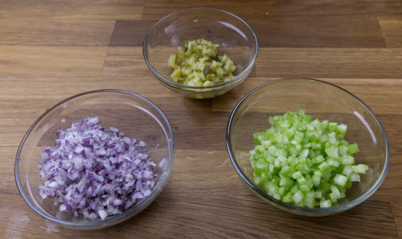 diced red onion, pickle, celery